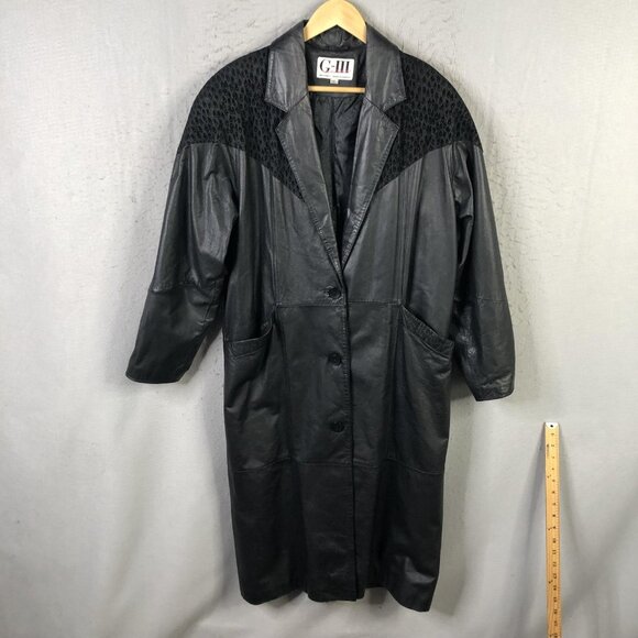 G-III Jackets & Blazers - Vintage G-III Coat Womens Medium Black Leather Animal Print Long Overcoat 80s